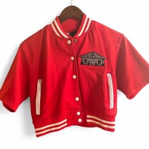 Red and‎ white embroidered trap house/ crack house?? Short sleeve varsity jacket